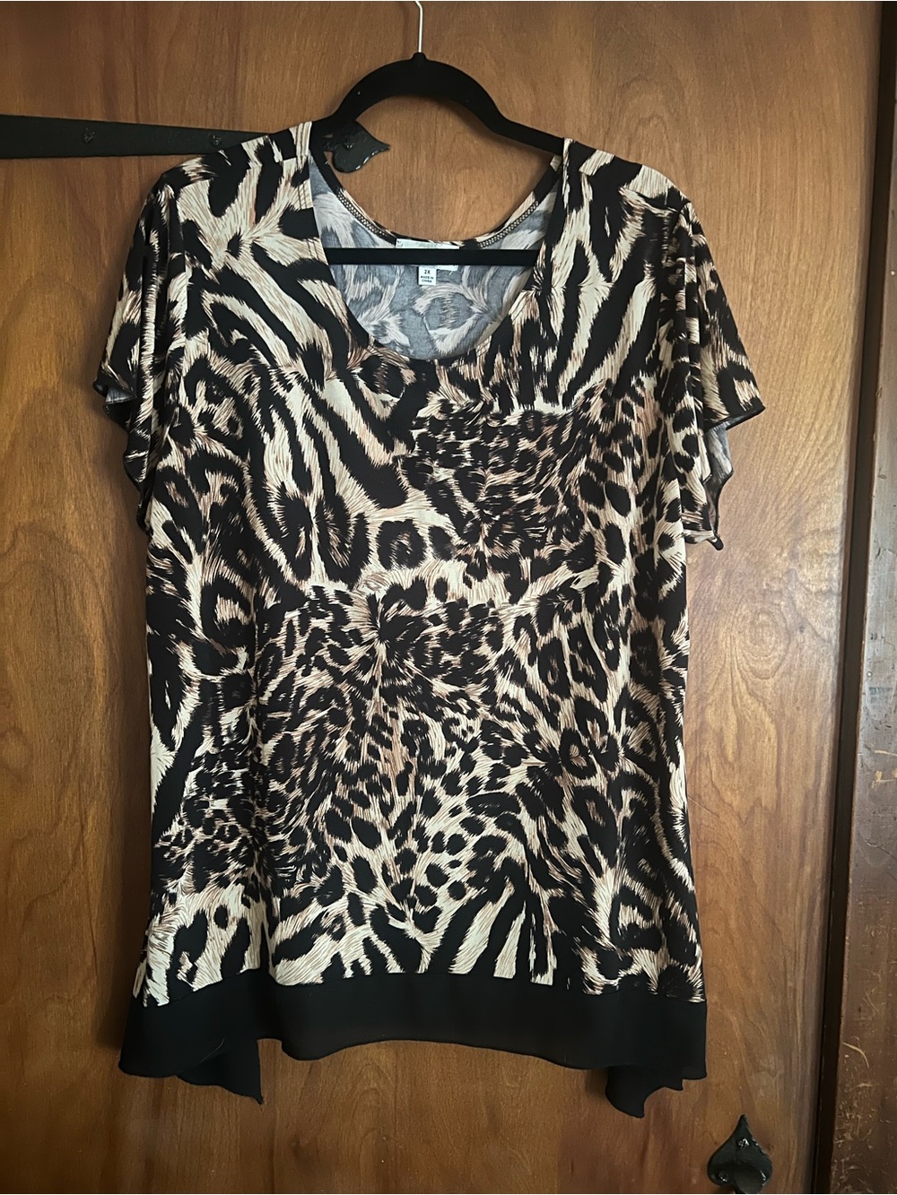 Animal Print Short Sleeve Blouse - Black & Cream
